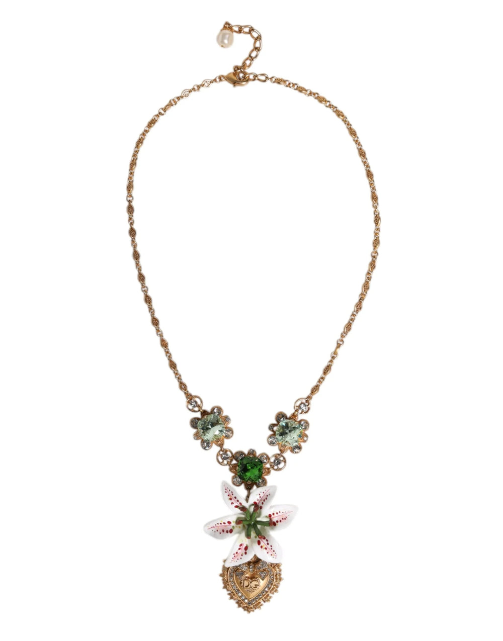 Dolce & Gabbana Gold Brass Lily Crystal Sacred Heart Pendant Necklace - Necklaces