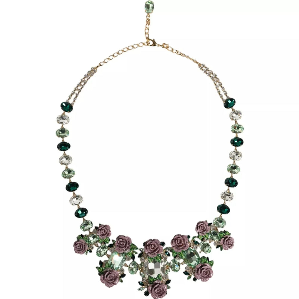 Dolce & Gabbana Gold Brass Link Chain Rose Petal Crystal Necklace - Necklaces