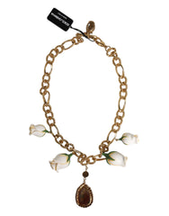 Dolce & Gabbana Gold Brass Short Chain Flower Crystal Pendant Necklace - Necklaces