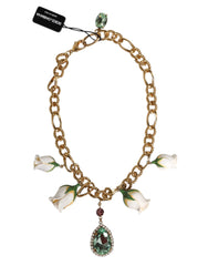 Dolce & Gabbana Gold Brass Short Chain Flower Crystal Pendant Necklace - Necklaces
