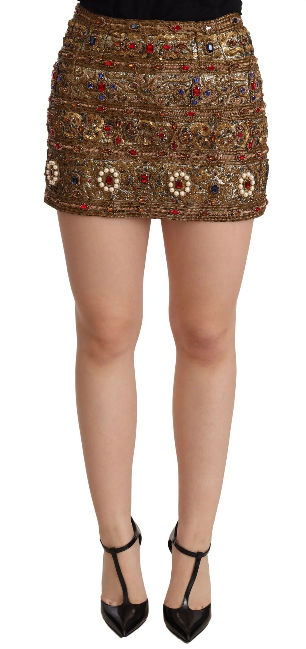 Dolce & Gabbana Gold Crystal Jacquard High Waist Skirt - IT38|XS - Skirts