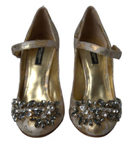 Dolce & Gabbana Gold Jacquard Crystal Mary Janes Pumps Shoes - Heels