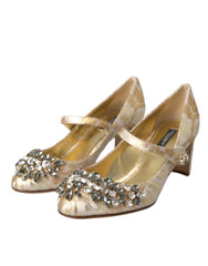 Dolce & Gabbana Gold Jacquard Crystal Mary Janes Pumps Shoes - Heels
