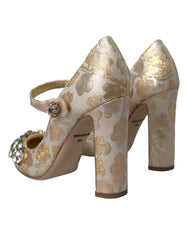 Dolce & Gabbana Gold Jacquard Crystal Mary Janes Pumps Shoes - Heels