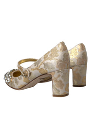 Dolce & Gabbana Gold Jacquard Crystal Mary Janes Pumps Shoes - Heels