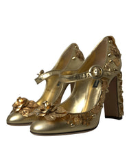 Dolce & Gabbana Gold Leather Crystal Mary Janes Pumps Shoes - EU36/US5.5 - Heels