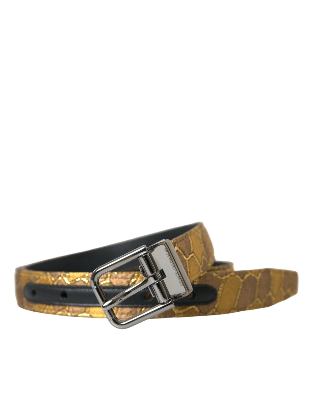 Dolce & Gabbana Gold Leather Jacquard Silver Metal Buckle Belt - 90 cm / 36 Inches - Belts