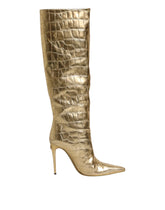 Dolce & Gabbana Gold Leather Stiletto Heels High Boots Shoes - Boots