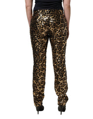 Dolce & Gabbana Byxor med Raka Ben i Guldleopard och Paljetter
