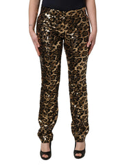 Dolce & Gabbana Byxor med Raka Ben i Guldleopard och Paljetter