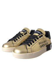 Dolce & Gabbana Gold Portofino Calf Leather Sneakers Women Shoes - Sneakers