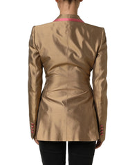 Dolce & Gabbana Gold Silk Double Breasted Coat Blazer Jacket - IT40|S