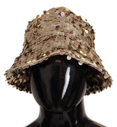 Dolce & Gabbana Gold Silk Sequin Embellished Designer Brim Bucket Hat - Bucket Hats