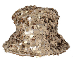 Dolce & Gabbana Gold Silk Sequin Embellished Designer Brim Bucket Hat - Bucket Hats