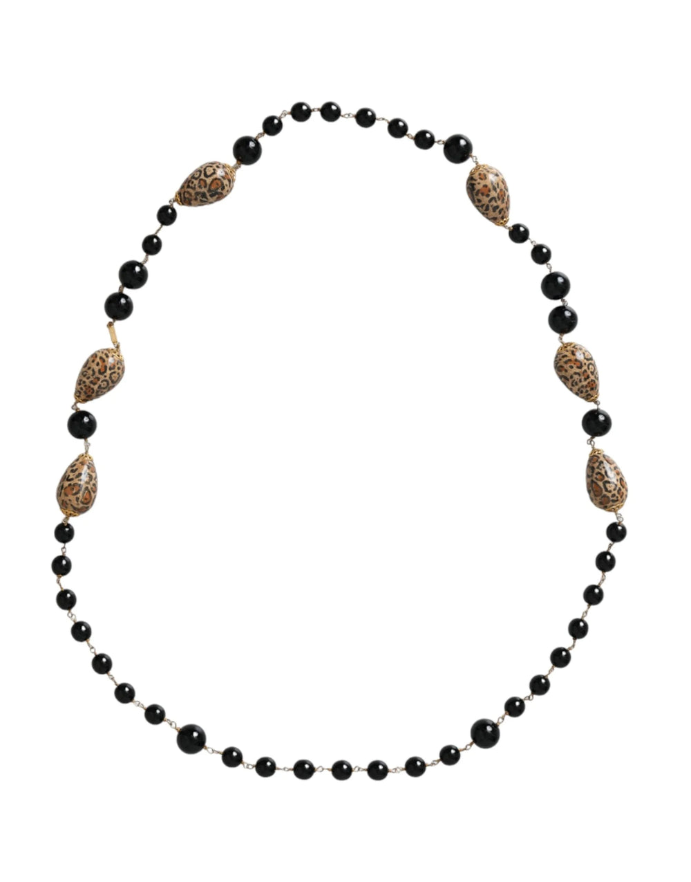 Dolce & Gabbana Gold Tone Brass Black Printed Beaded Long Chain Necklace - Necklaces
