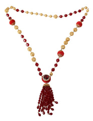 Dolce & Gabbana Gold Tone Brass Red Crystals Pendant Opera Chain Necklace - Necklaces