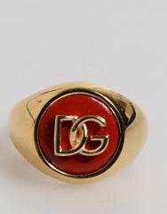 Dolce & Gabbana Gold Tone Real Brass Red DG Logo Men Ring - EU58 | US9 - Rings