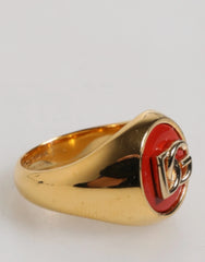 Dolce & Gabbana Gold Tone Real Brass Round Red DG Logo Men Ring - EU58 | US9 - Rings