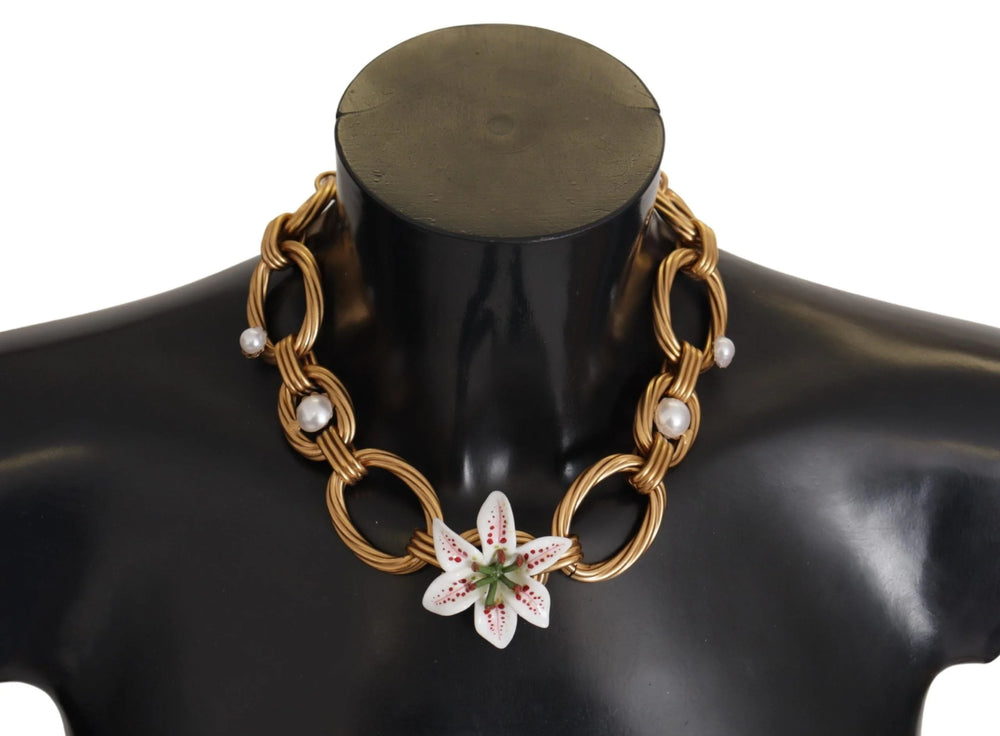 Dolce & Gabbana Gold White Lily Floral Chain Statement Necklace - Necklaces
