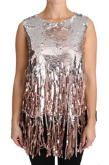 Dolce & Gabbana Golden Pink Sequined Fringe Tank Top - Tank Tops