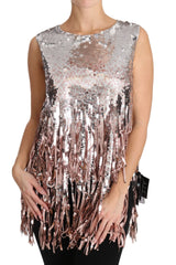 Dolce & Gabbana Golden Pink Sequined Fringe Tank Top - Tank Tops