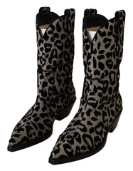 Dolce & Gabbana Gray Black Leopard Cowboy Boots Shoes - EU37/US6.5