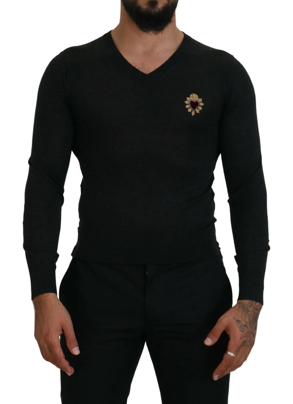 Dolce & Gabbana Gray Cashmere V-neck Gold Heart Sweater - IT44 | XS - Sweaters