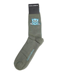 Dolce & Gabbana Gray Cotton DG Bear Mid Calf Socks - L - Crew Socks