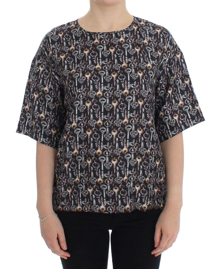 Dolce & Gabbana Gray Gold Key Print Silk Blouse T-shirt - Blouses