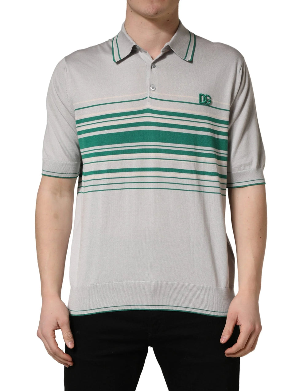Dolce & Gabbana Gray Green Striped Logo Silk Polo T-shirt - IT56 | XXL