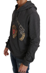 Dolce & Gabbana Gray Hooded Red Crystal Heart Gun Sweater - Hoodies