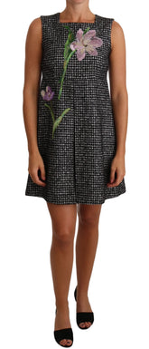 Dolce & Gabbana Gray Houndstooth Floral Appliqué Shift Mini Dress - IT40|S - Dresses