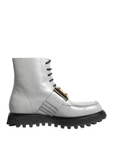 Dolce & Gabbana Gray Leather Logo Plaque Ankle Boots Shoes - EU45/US12