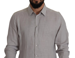 Dolce & Gabbana Gray Linen Long Sleeves Formal GOLD Shirt - Shirts