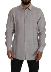 Dolce & Gabbana Gray Linen Long Sleeves Formal GOLD Shirt - Shirts