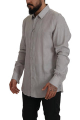 Dolce & Gabbana Gray Linen Long Sleeves Formal GOLD Shirt - Shirts