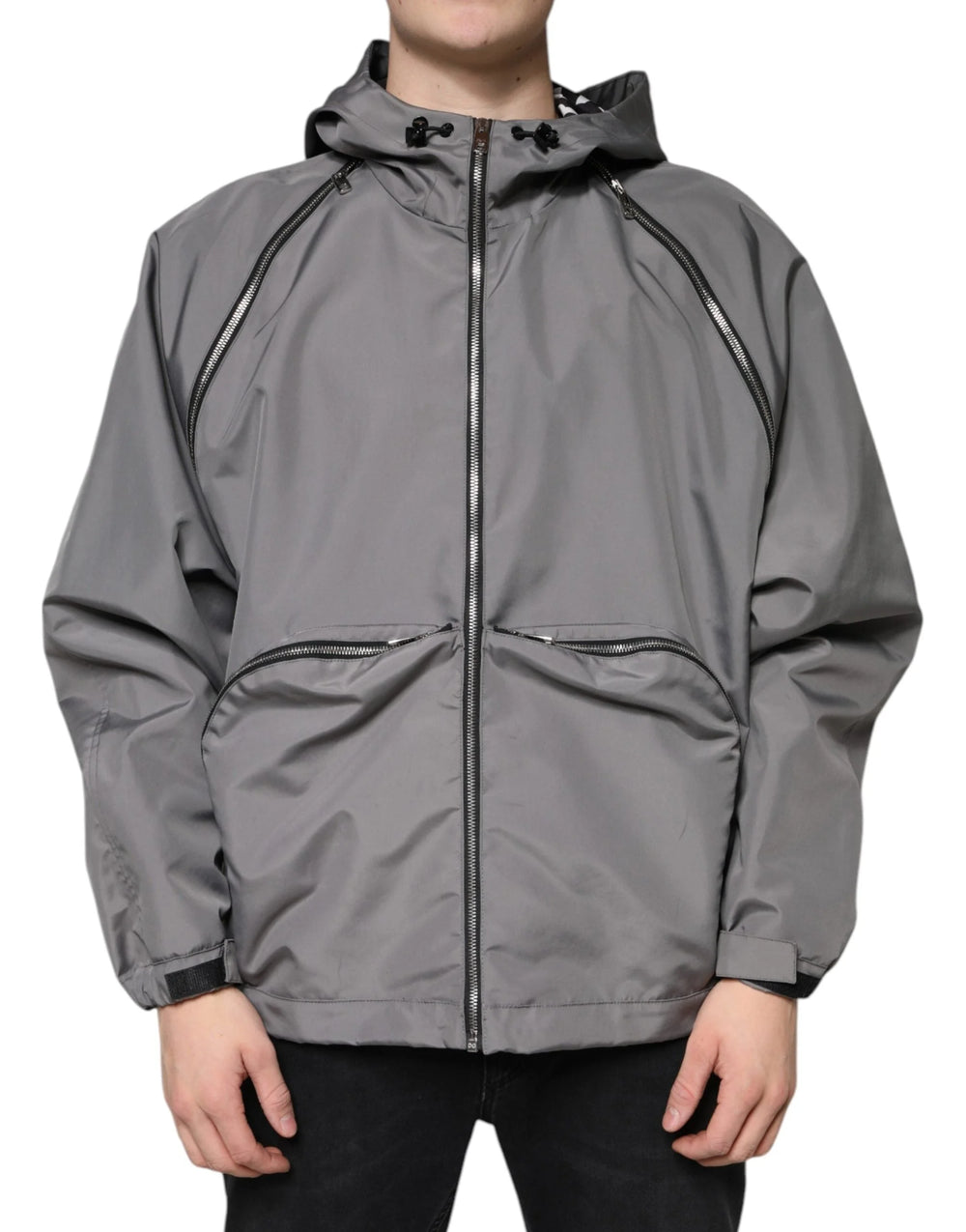 Dolce & Gabbana Gray Polyester Hooded Men Full Zip Jacket - IT48 | M - Windbreakers