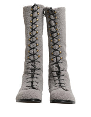 Dolce & Gabbana Gray Shearling Lace Up Knee High Boots Shoes - EU44/US11