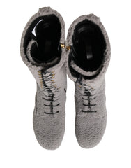 Dolce & Gabbana Grå Shearling Snörstövlar Knähöga Skor - EU44/US11 - Skor
