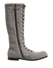 Dolce & Gabbana Gray Shearling Lace Up Knee High Boots Shoes - EU44/US11