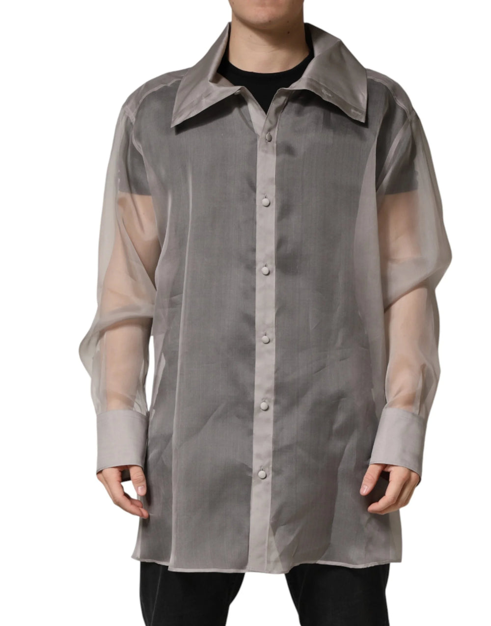Dolce & Gabbana Gray Sheer Silk Button Front Men Dress Shirt - IT43 | 2XL