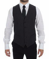 Dolce & Gabbana Gray Striped Wool Logo Vest Gilet Weste - IT48 | M - Vests