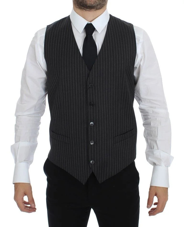 Dolce & Gabbana Gray Striped Wool Single Breasted Vest - IT48 | M - Vests