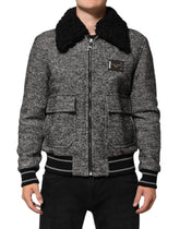 Dolce & Gabbana Gray Wool Herringbone Shearling Collar Bomber Jacket - IT52 | XL - Bomber Jackets