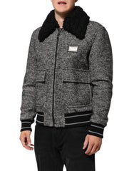 Dolce & Gabbana Gray Wool Herringbone Shearling Collar Bomber Jacket - IT52 | XL - Bomber Jackets