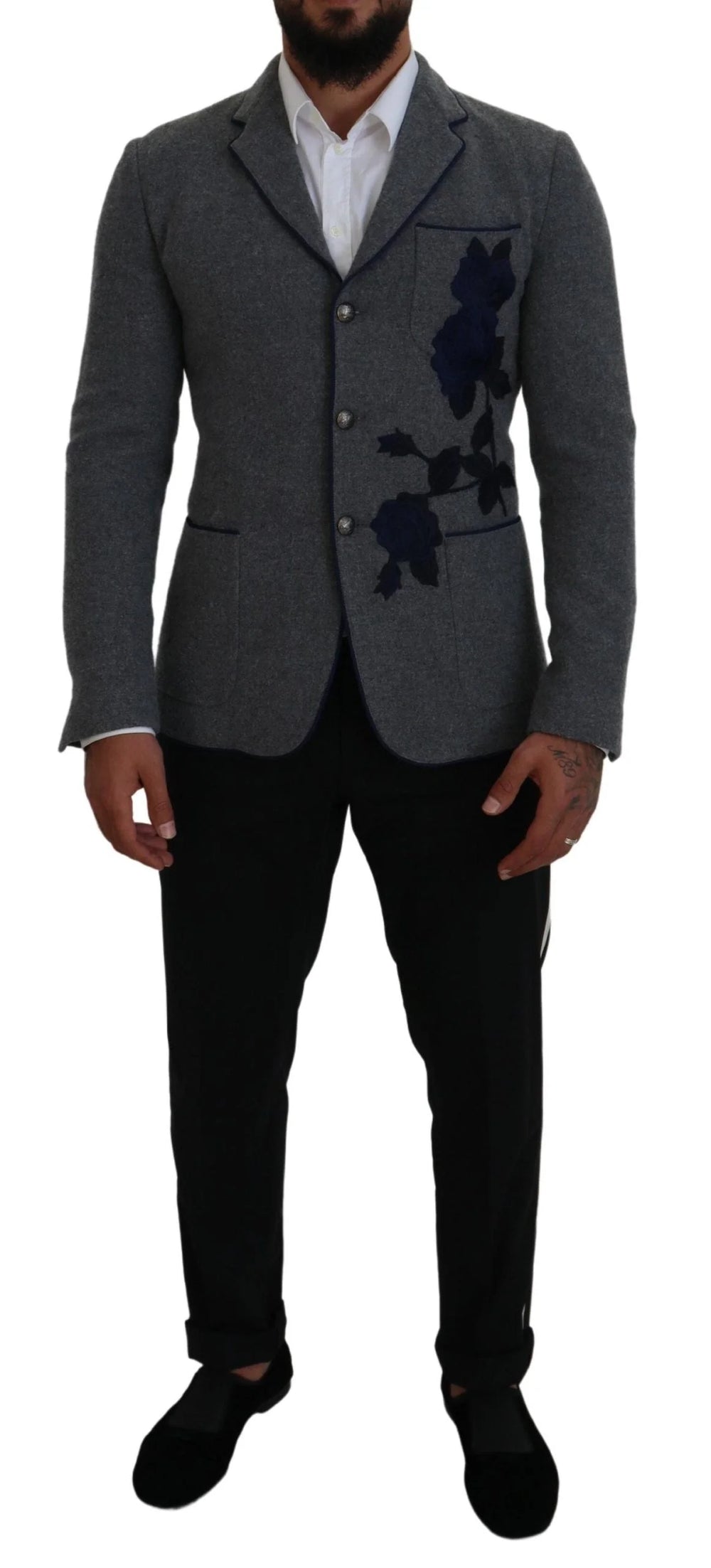 Dolce & Gabbana Gray Wool Roses Slim Fit Jacket Blazer - Sport Jackets