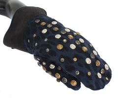 Dolce & Gabbana Gray Wool Shearling Studded Blue Leopard Gloves - 9|M - Gloves & Mittens