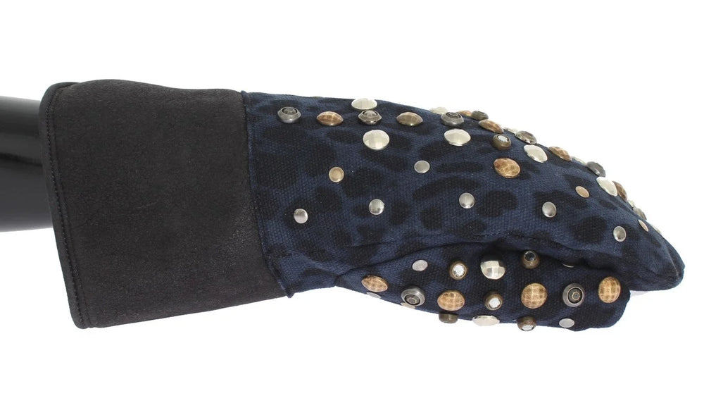 Dolce & Gabbana Gray Wool Shearling Studded Blue Leopard Gloves - 9|M - Gloves & Mittens