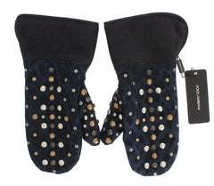 Dolce & Gabbana Gray Wool Shearling Studded Blue Leopard Gloves - 9|M - Gloves & Mittens