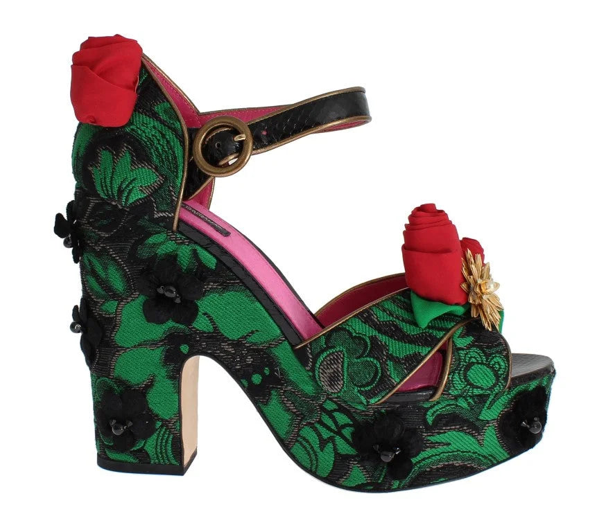 Dolce & Gabbana Green Brocade Snakeskin Roses Crystal Shoes - EU35/US4.5 - Sandals